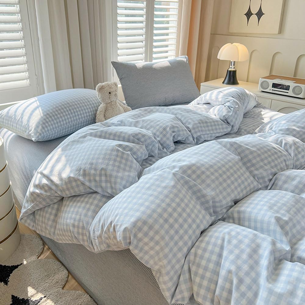 Gingham Duvet Cover Queen Size Blue White Plaid Checkered Set