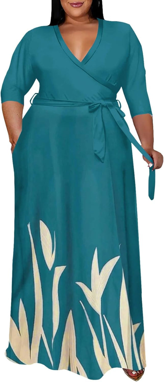 Runwind Plus Size Dress for Women - Elegant V Neck Maxi Style
