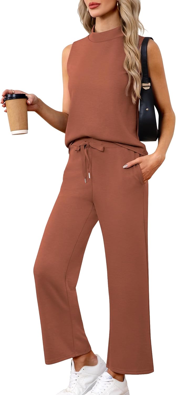 Women's Summer 2 Piece Outfits Mock Neck Tank Top & Pants Set