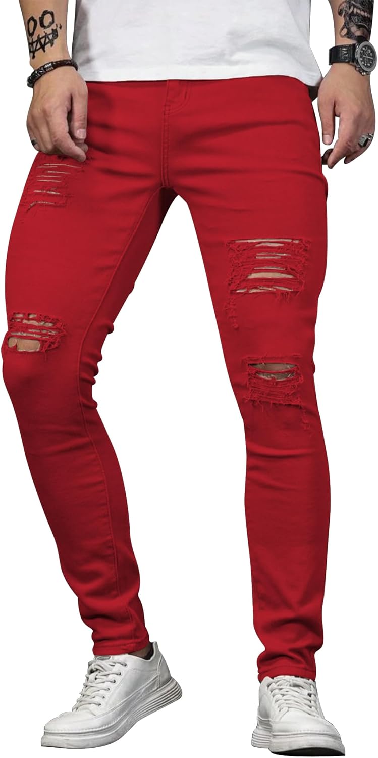 HUNGSON Men's Blue Slim Fit Jeans with Ripped Design and Stripes