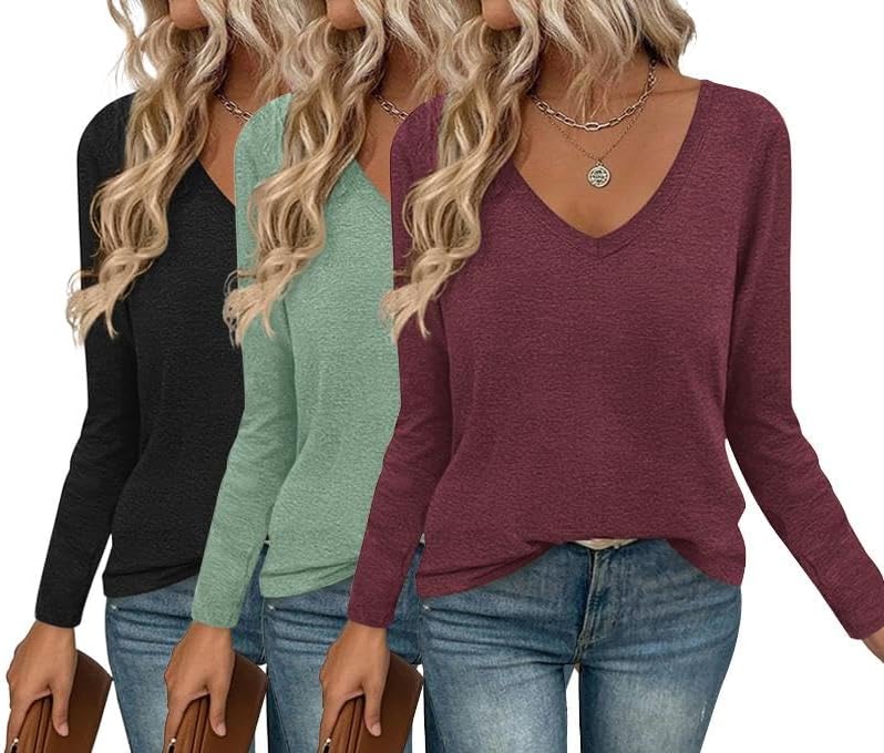 Ekouaer Long Sleeve V Neck T Shirts for Women - 3 Pack Basics