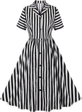Women Short Sleeve 1950s Retro Black & White Striped Swing Dress