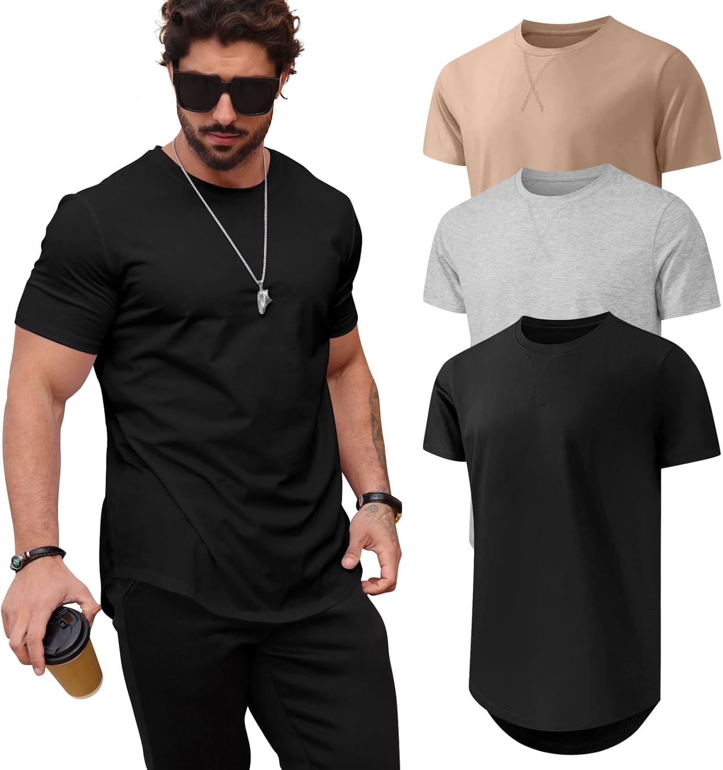 Mens Casual Hipster Longline Crewneck Tee Shirts for Style