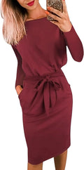 Women's Fall Bodycon Tie Waist Dress - Fitted Long Sleeve Pencil