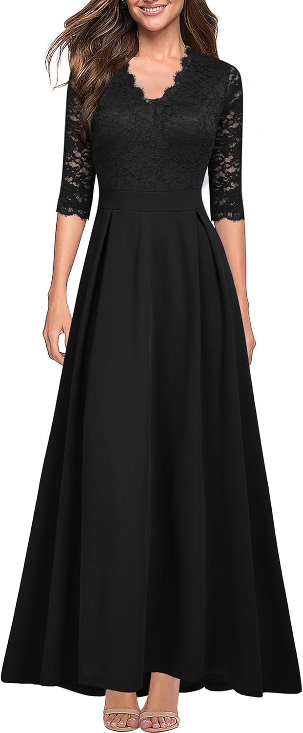 Elegant Women's V Neck Lace Vintage Formal Long Dress for Events