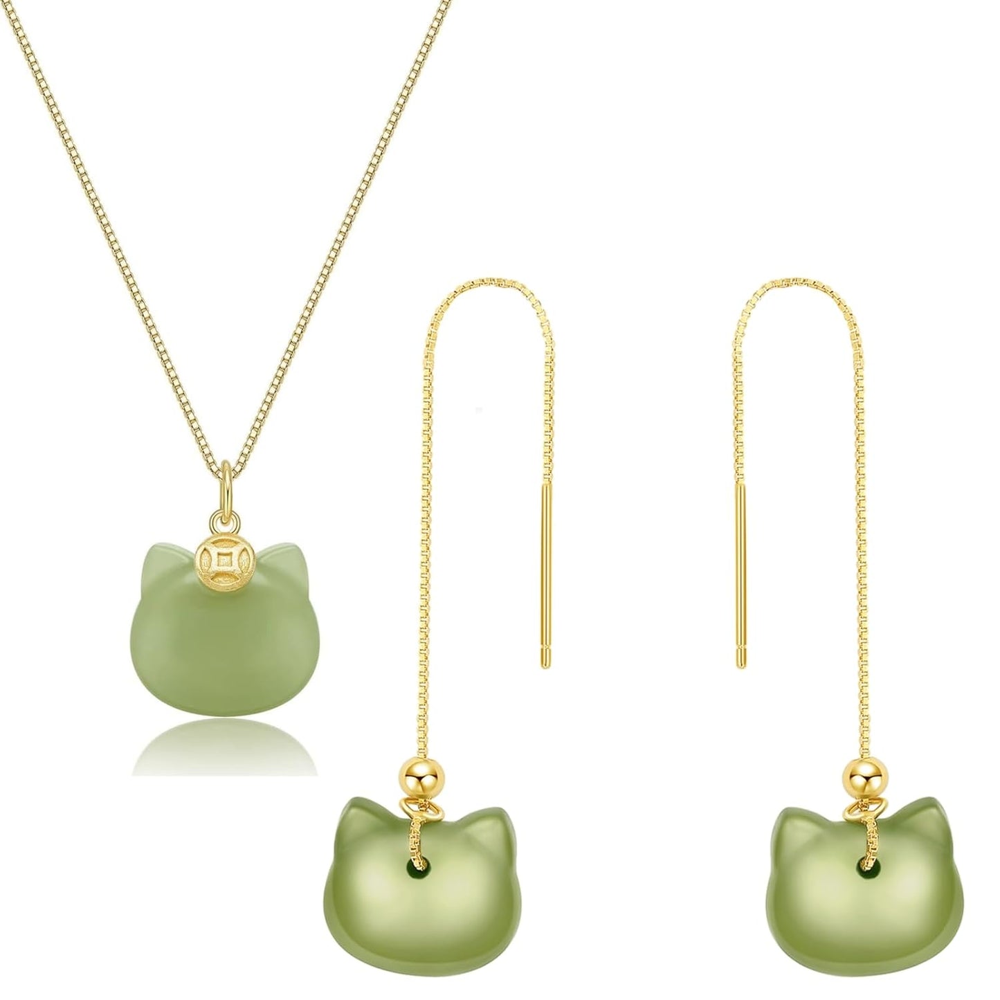 Natural Hetian Jade Necklace and Cat Shape Pendant Jewelry Set