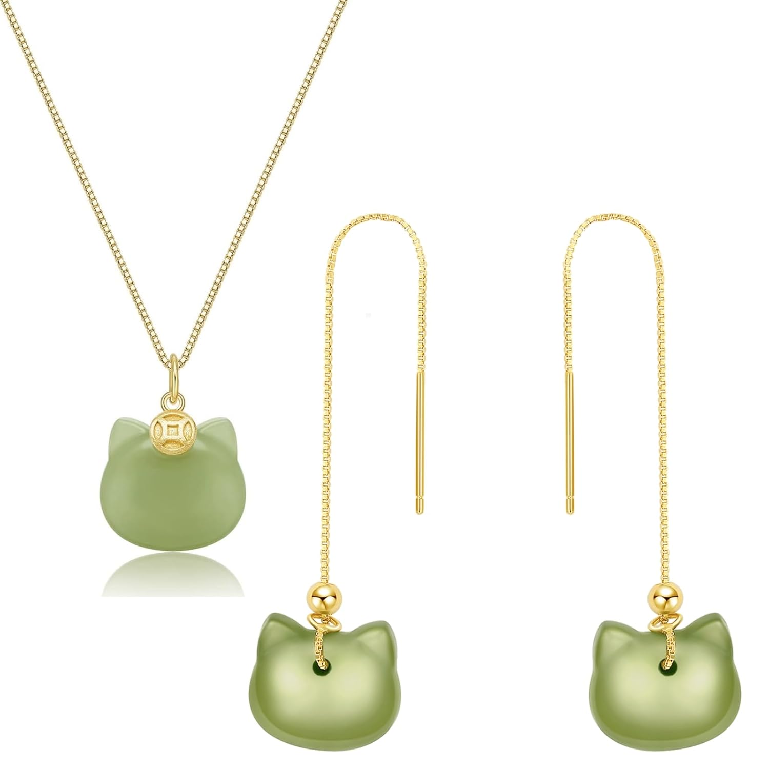 Natural Hetian Jade Necklace and Cat Shape Pendant Jewelry Set