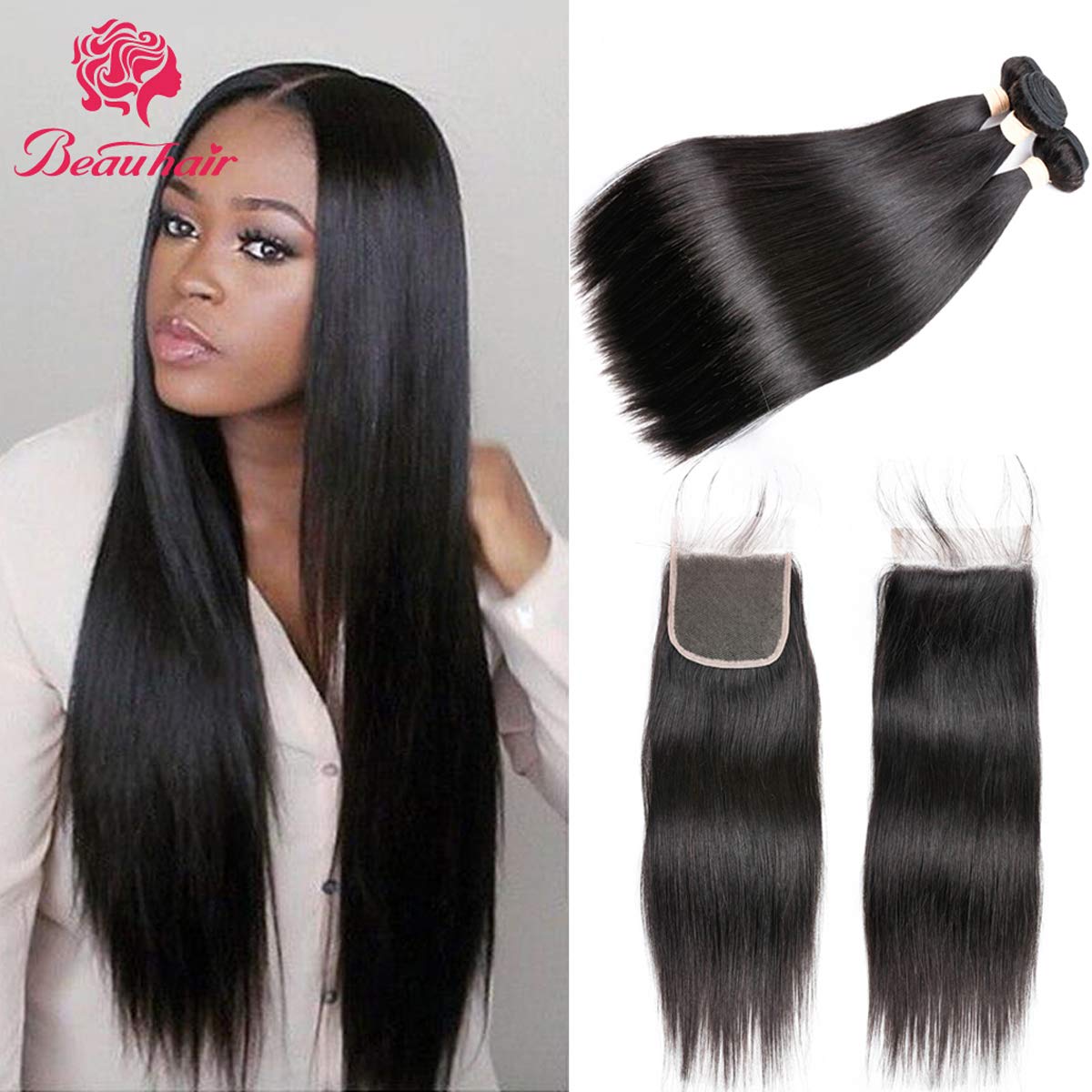 7A Brazilian Straight Hair Bundles with Lace Closure for You