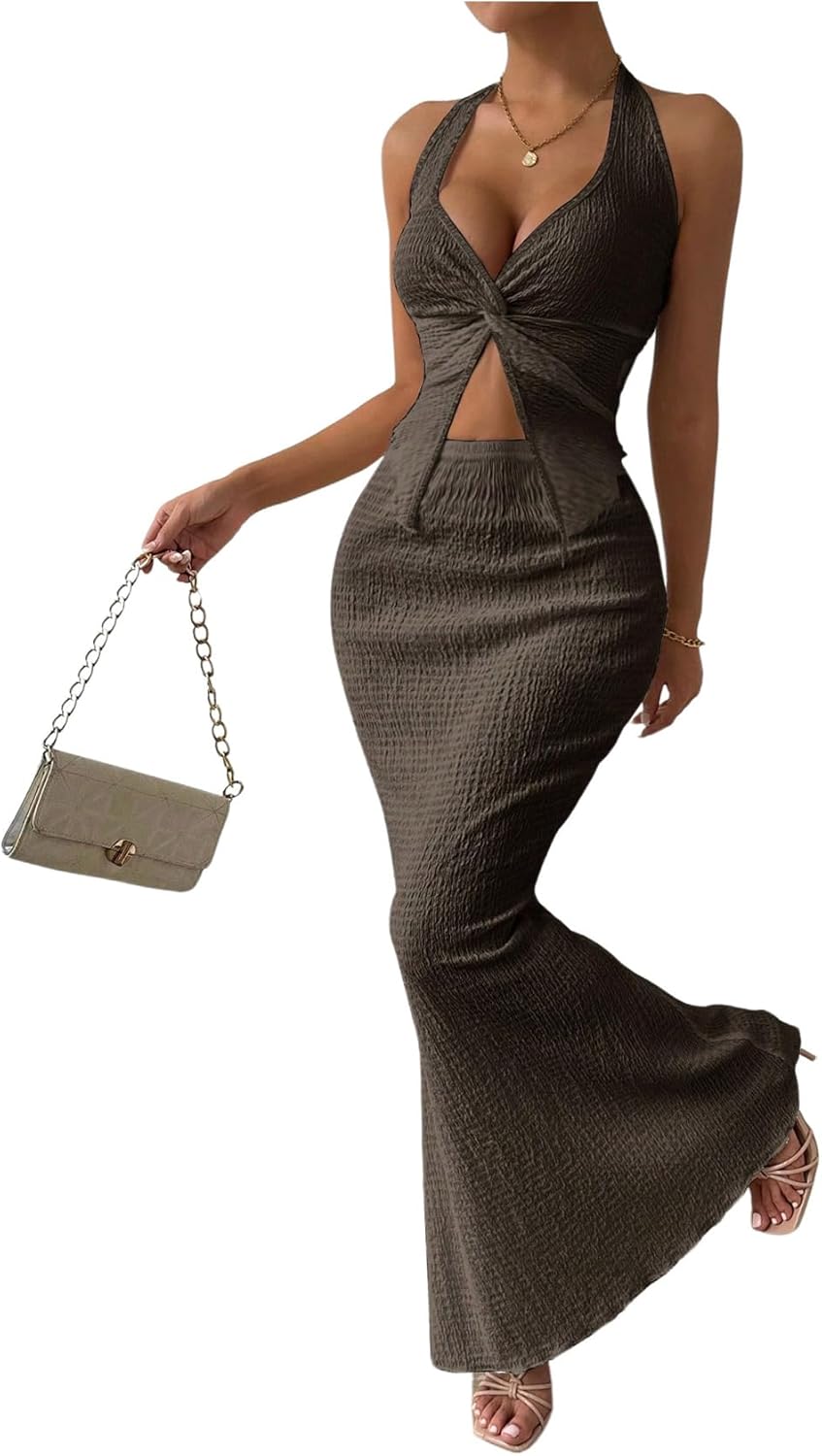 Stylish Women's Two Piece Outfits with Twist Front Halter Design