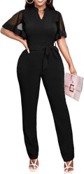 Women's V Neck Mesh Ruffle Sleeve Jumpsuit - Long Pants Romper