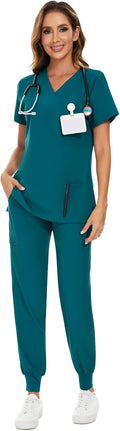 COZYFIT Scrubs for Women Set - V-Neck Top & Jogger Pants 8 Pockets