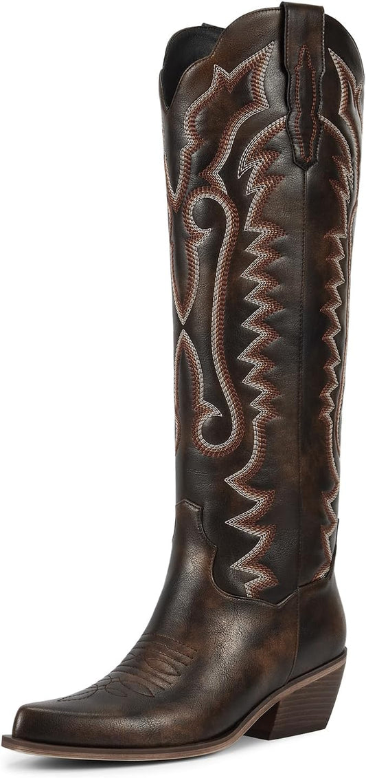 Stylish Knee High Cowboy Boots for Women with Floral Embroidery