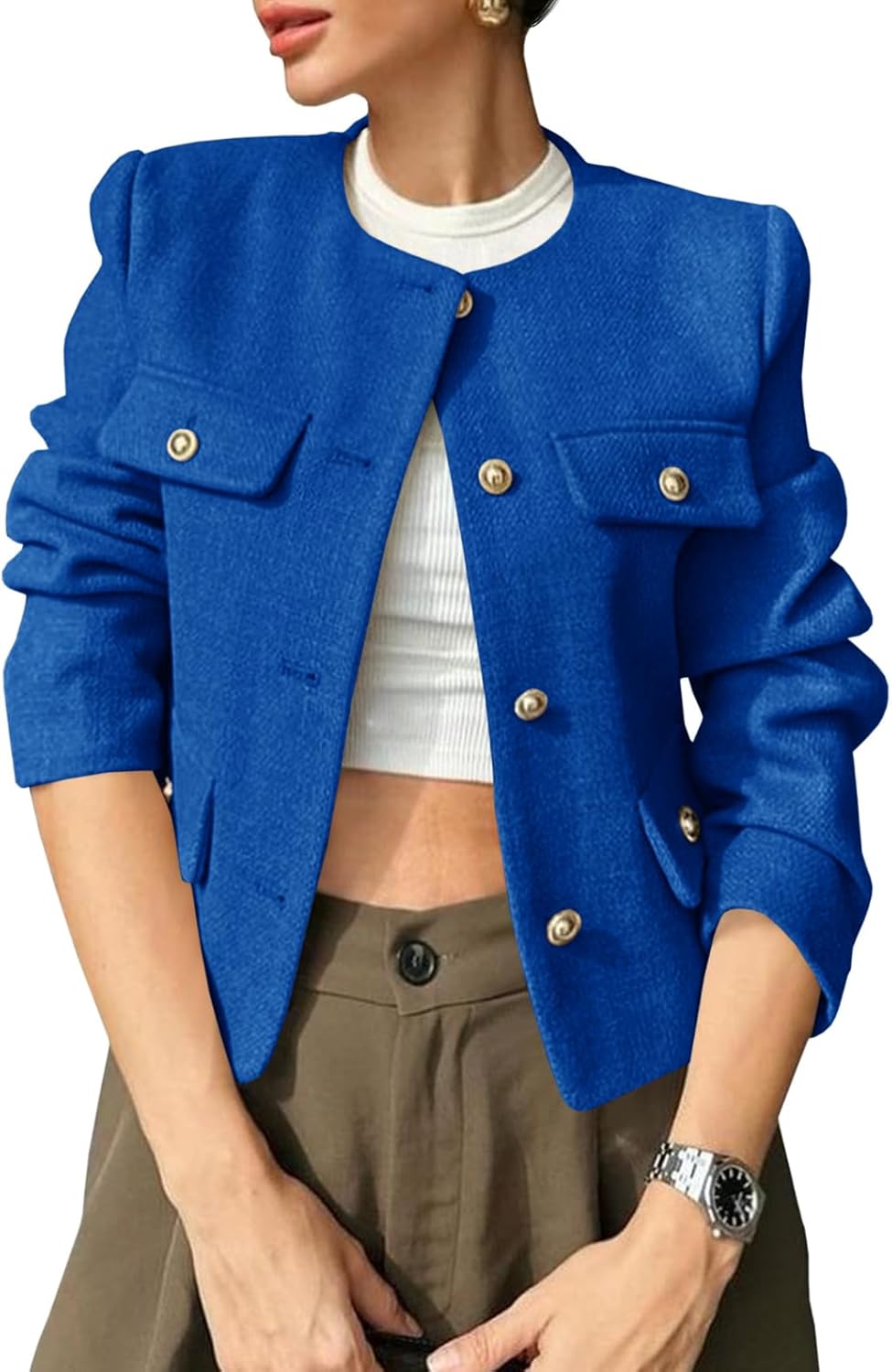 Cropped Tweed Blazer Jacket for Women - Stylish Business Casual
