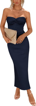Bodycon Strapless Maxi Dress with Twist Knot Front - Flattering Fit