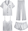 Womens Silk Satin Pajamas 4pcs Set - Soft Camisole & Button Shirt