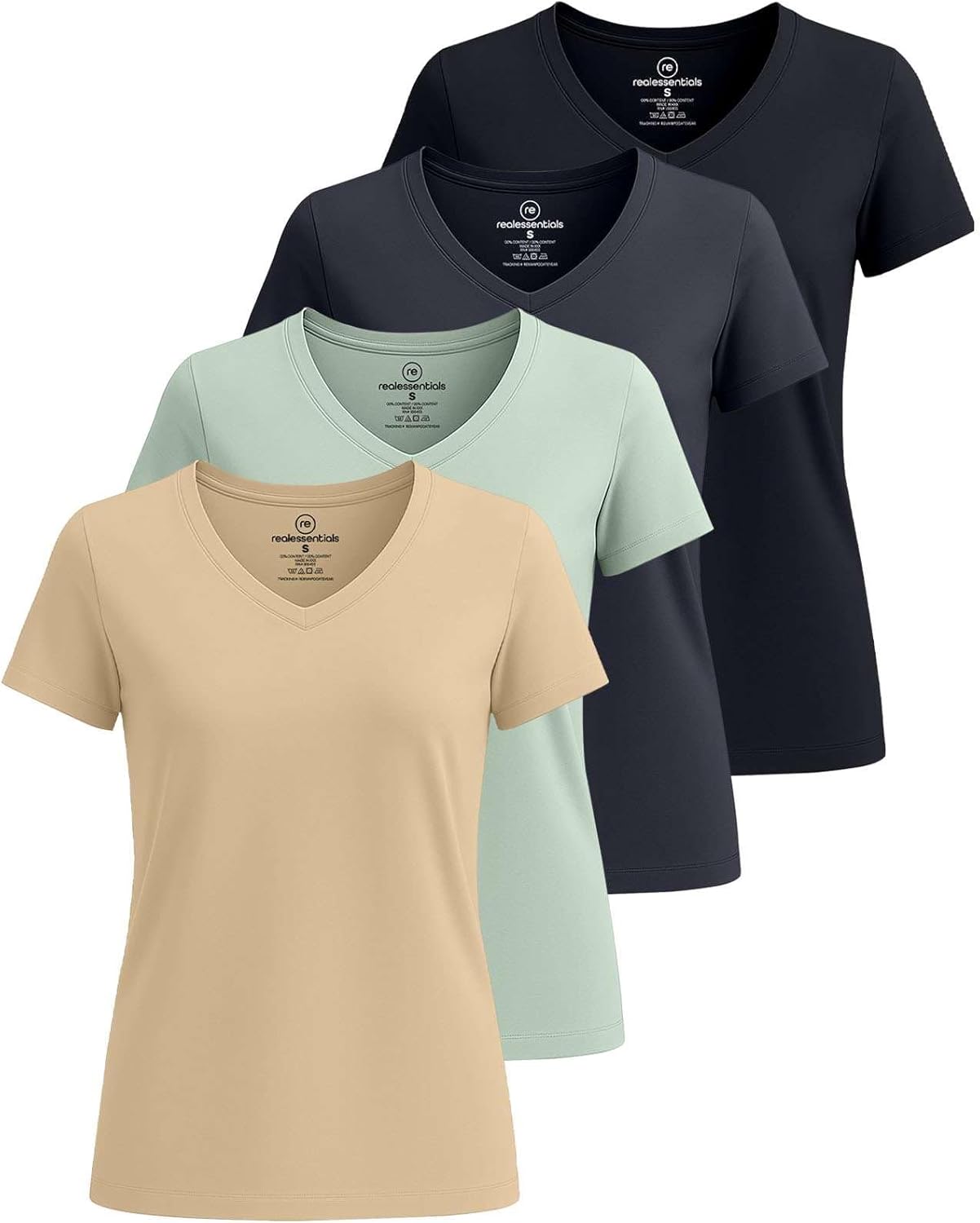 Real Essentials Women's Classic-Fit Cotton V-Neck T-Shirt Pack