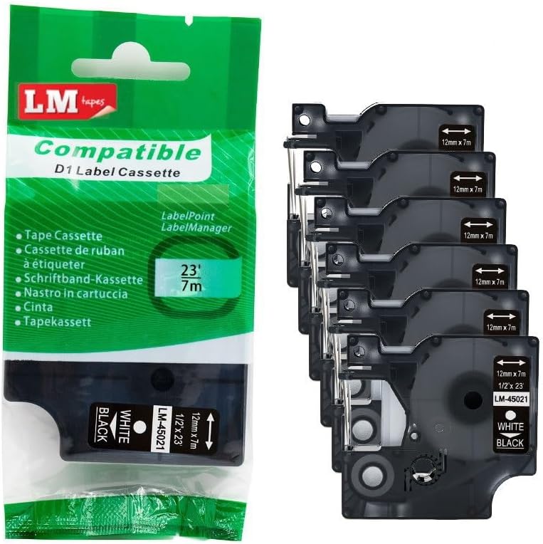 Premium LM Tapes 6/Pack 1/2 in White on Black Label Maker Tape