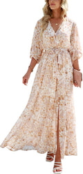 Women's Boho Wrap V Neck Maxi Dress - Flowy Summer Floral