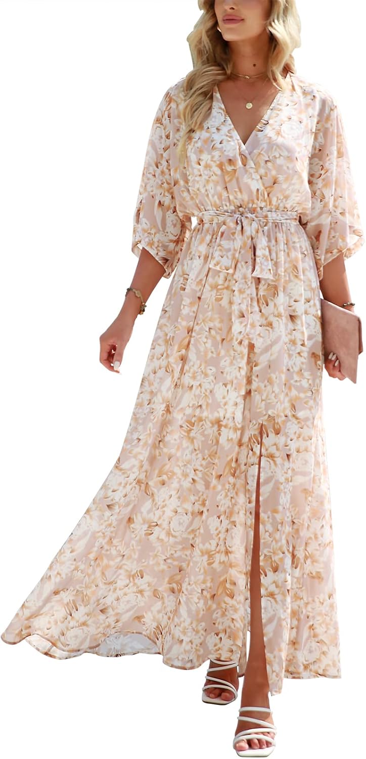 Womens Summer Loose Boho Flowy Wrap V Neck Maxi Dresses