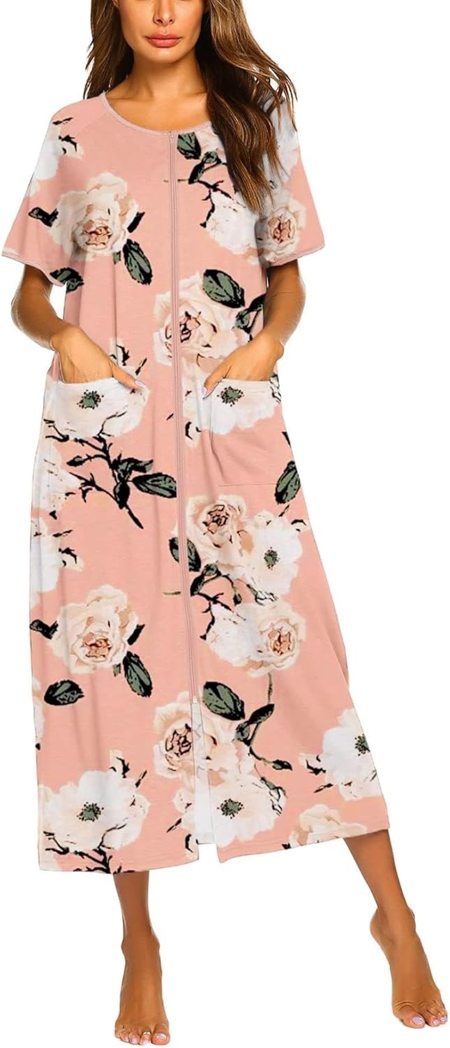 Ekouaer Women Robes Zipper Front Short Sleeve Full Length Housecoat
