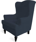 Dark Blue Stretch Wingback Chair Slipcover - Small Checks Fit 20-30 in