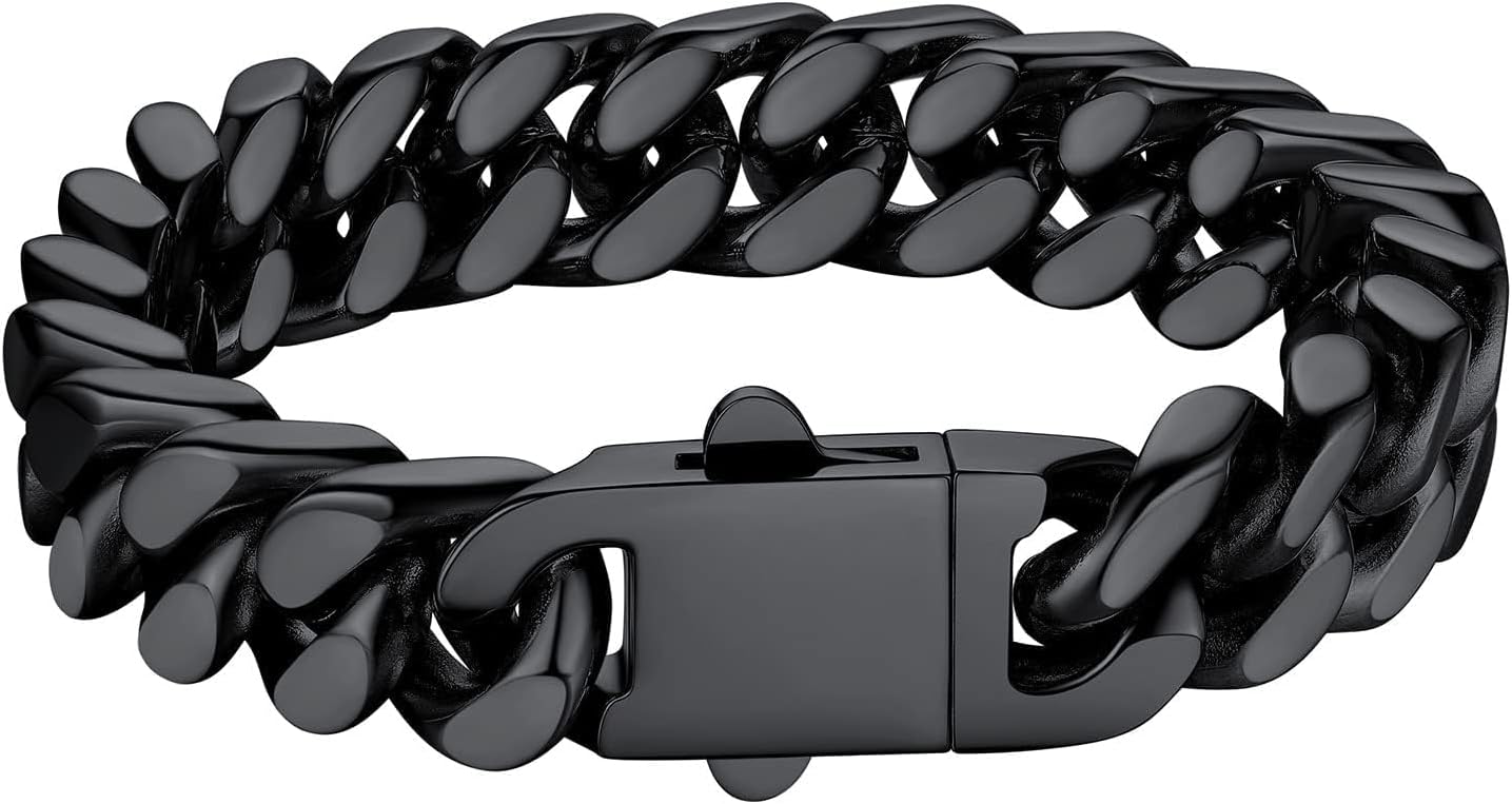 Thick Mens Cuban Link Chain Bracelets in 18K Gold/Black Metal