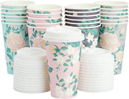 24 Pack Pastel Floral Coffee Cups - Disposable Party Drinkware