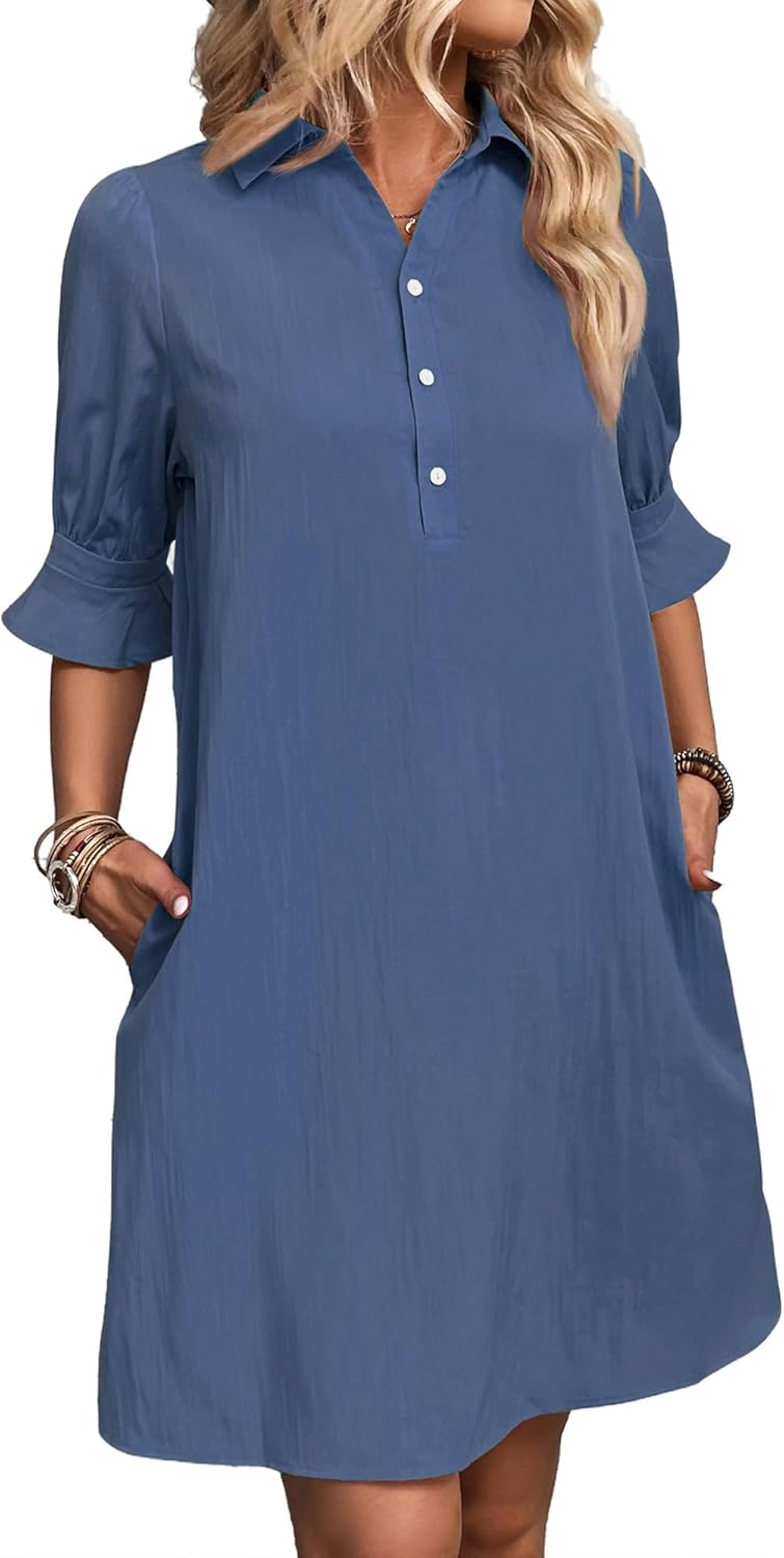 FENSACE Womens Casual Shirt Dress with Ruffle Sleeves and Pockets