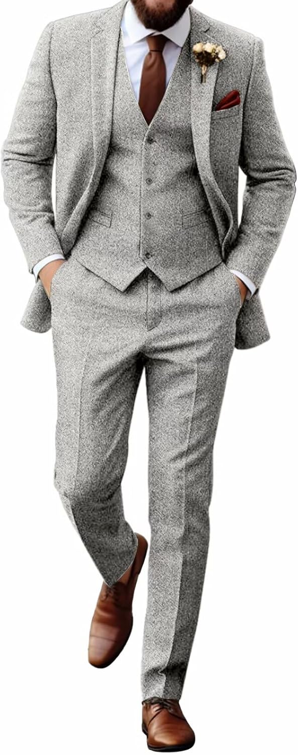 Retro Tweed Herringbone Suit for Men Slim Fit 3 Pieces Set