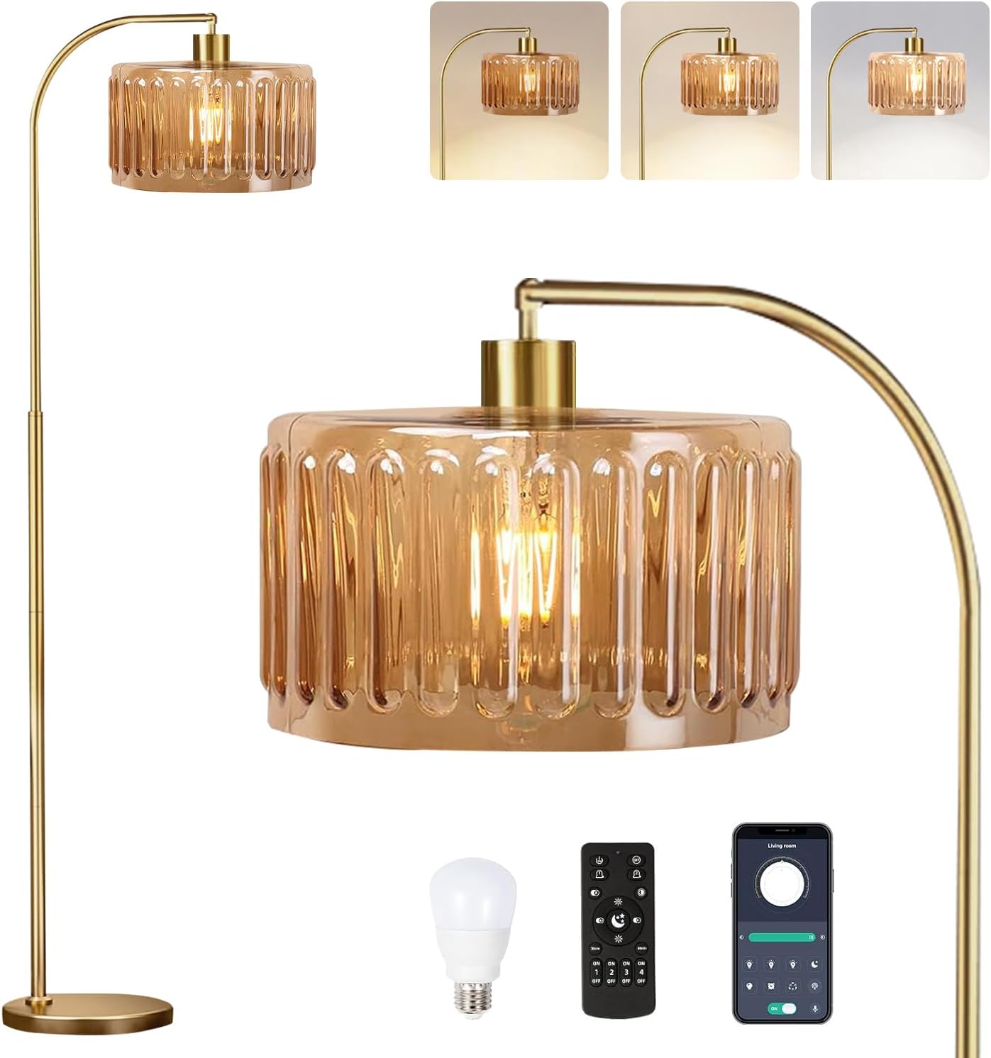 Mid Century Modern Gold Floor Lamp with Remote Control Dimming