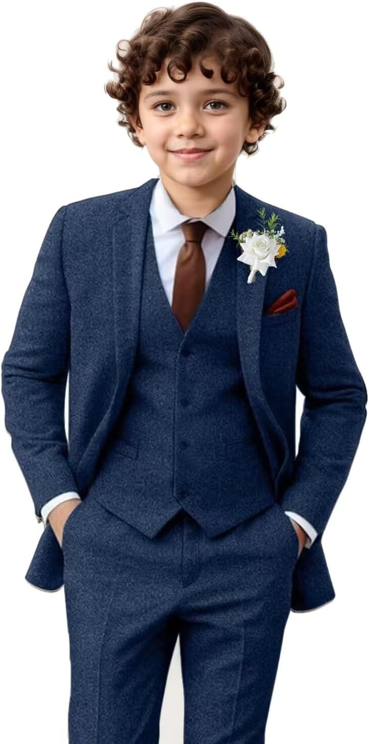 Boy Suit Tweed 3 Pieces Herringbone Slim Fit Formal Set