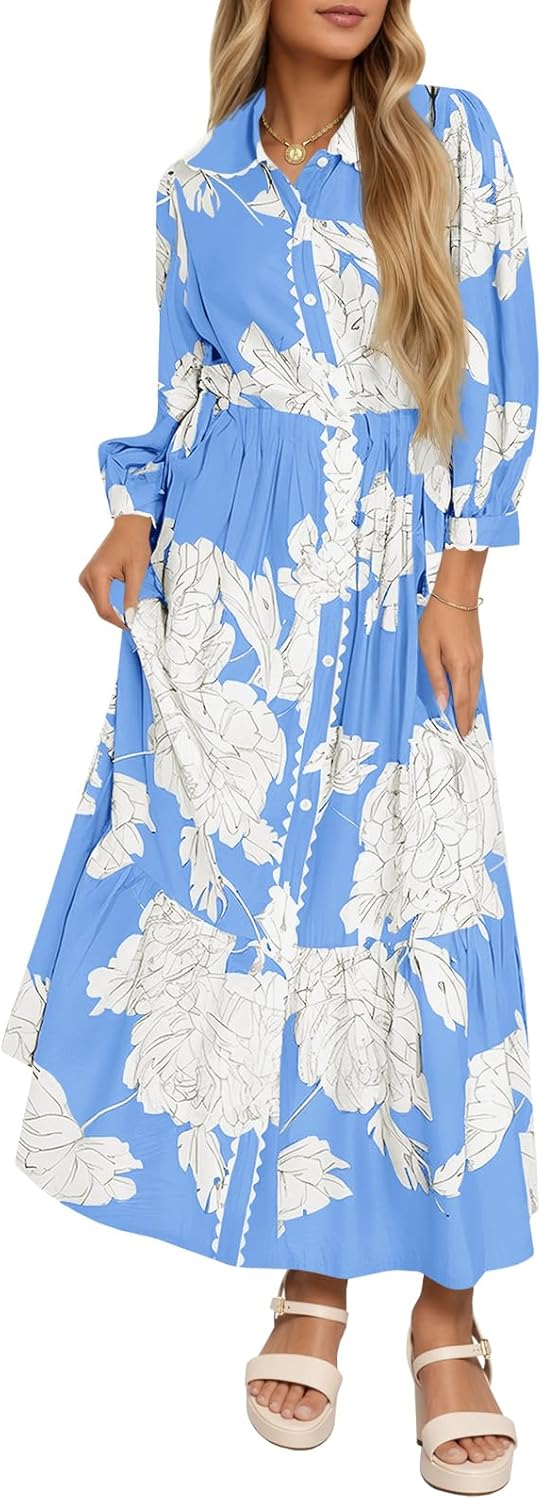 Womens Maxi Shirt Dress Casual Floral Collared 3/4 Long Sleeve