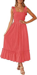 Women's Boho Viscose Spaghetti Strap Ruffle Maxi Dress - Summer
