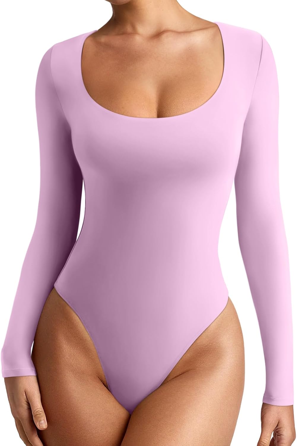REORIA Women's Sexy Scoop Neck Long Sleeve Bodysuit Tops
