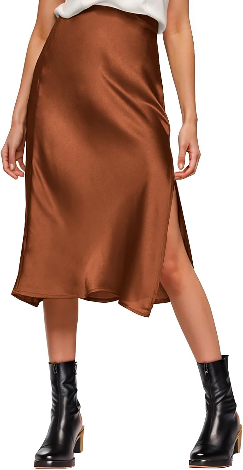 Womens Satin Silk High Waist Slit Midi Skirt for Every Occasion