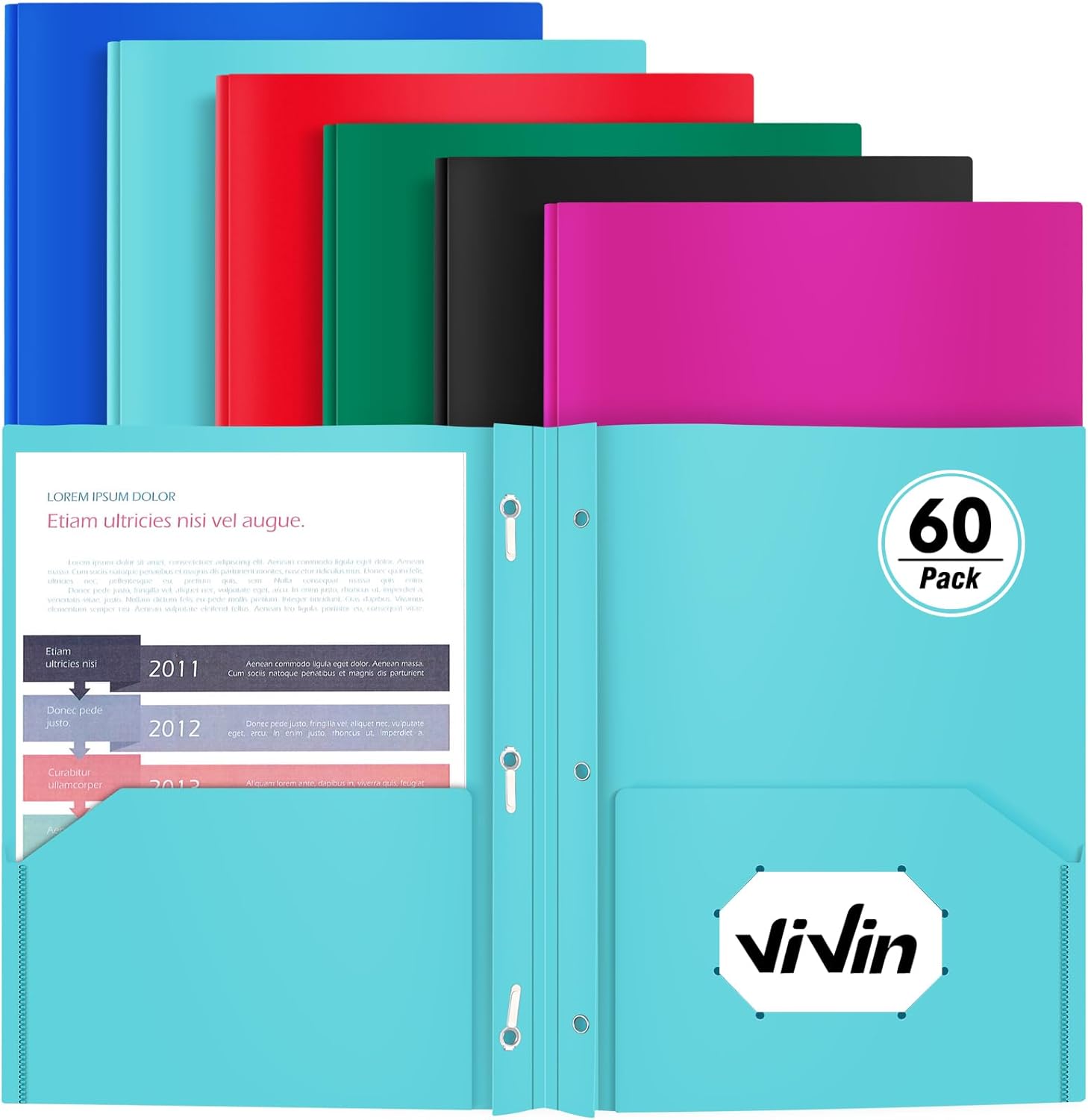Heavy Duty Plastic Folder, 60 Pack, Assorted Colors for All Needs