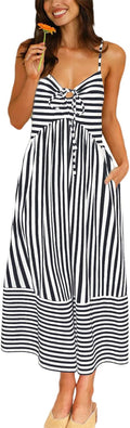 Fashionme Womens Striped Summer Maxi Dress with Pockets - 2025 Boho