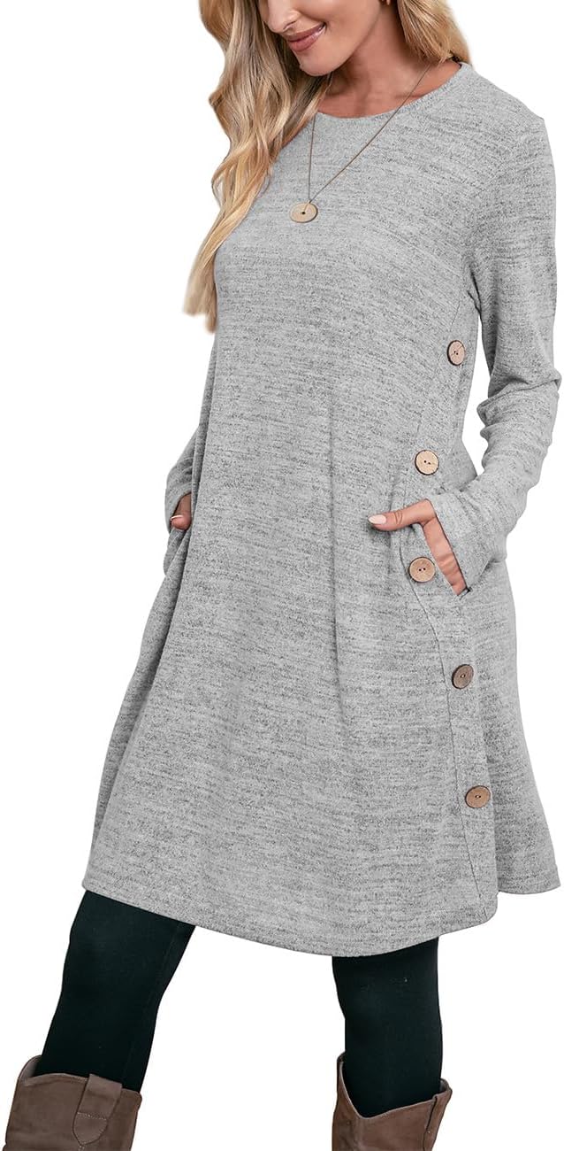OFEEFAN Long Sleeve Dress for Women with Pockets and Buttons
