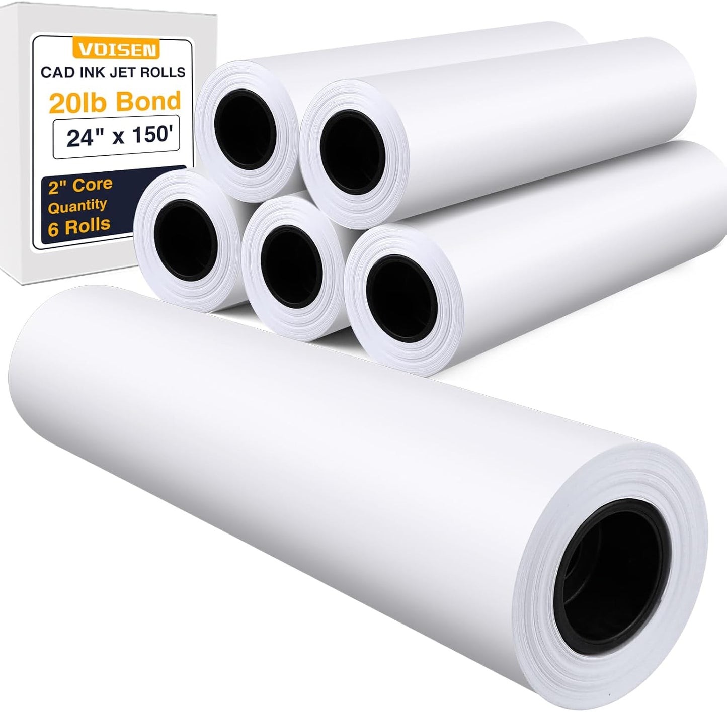 VOISEN Wide Format Paper Rolls for CAD Printing - 24 In x 150 Ft