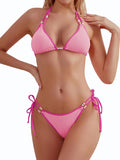 Women's Triangle String Bikini Set with Faux Pearls - Ribbed Coral