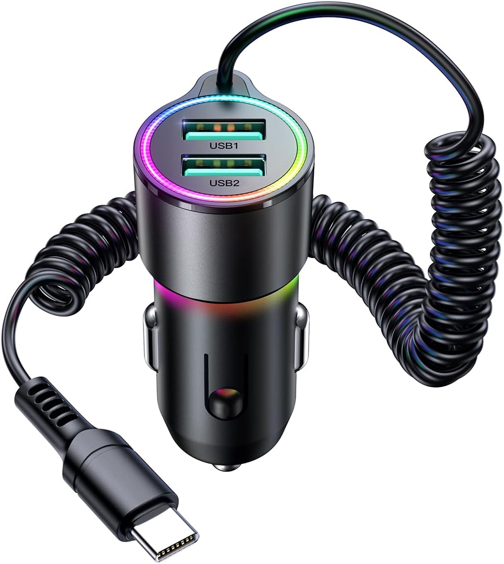 FLYLEAD 3.4A Fast Car Charger + 5FT Coil Cable