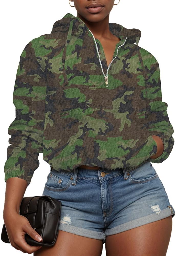 Women's Half Zip Denim Hoodie Pullover Jackets for Stylish Comfort