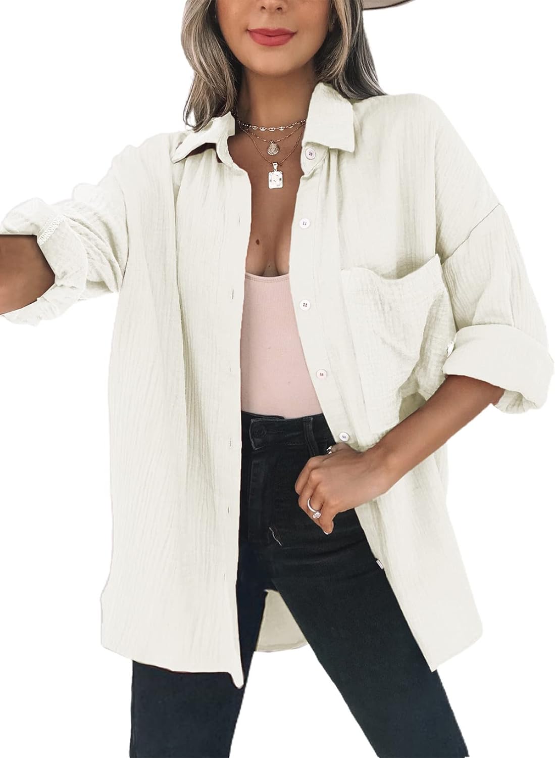 Dokotoo Womens Color Block Button Down Oversized Blouse