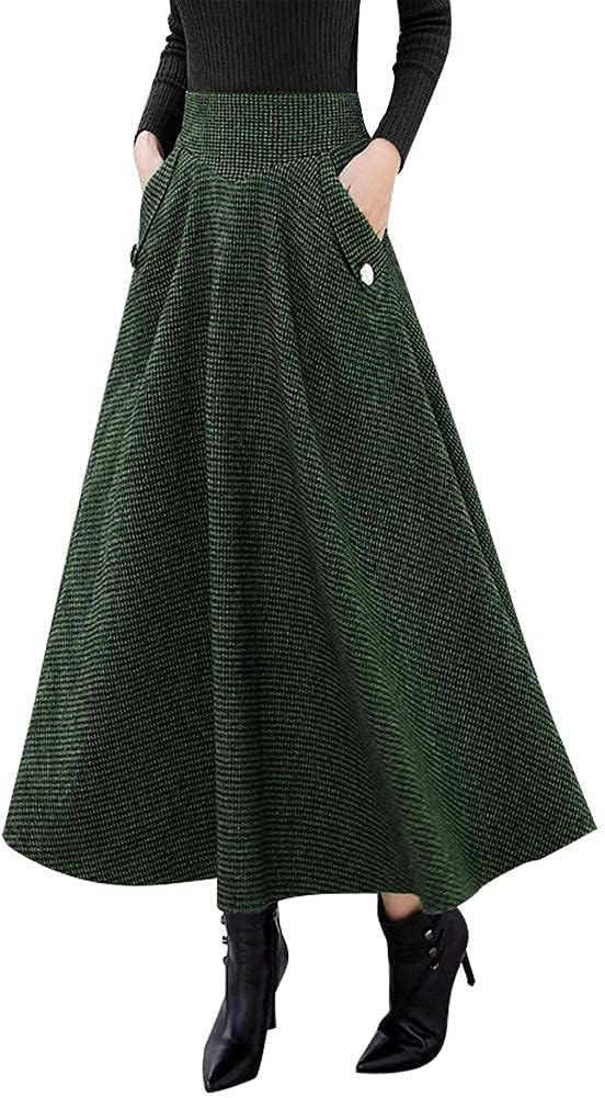 IDEALSANXUN Womens High Waisted Wool Plaid A-line Long Skirt