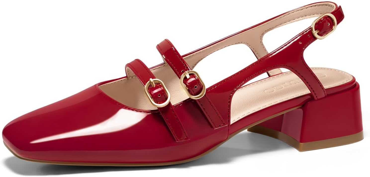 Coutgo Womens Mary Jane Chunky Low Heels Slingback Pumps