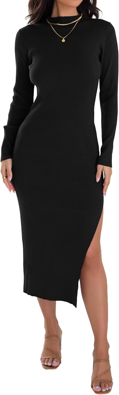 Ribbed Knit Dress for Women - Long Sleeve Mock Neck Style