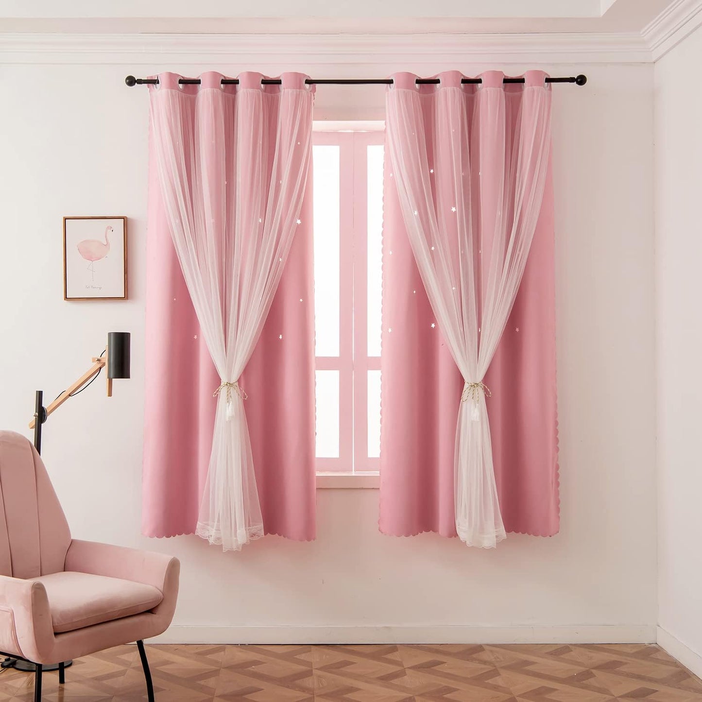 Pink Curtains for Girls Bedroom - Cute Double Layer Star Cutout