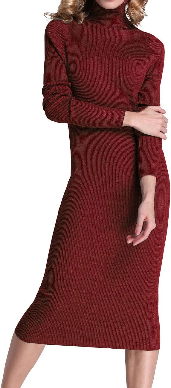 Rocorose Women's Turtleneck Ribbed Long Sleeve Sweater Dress