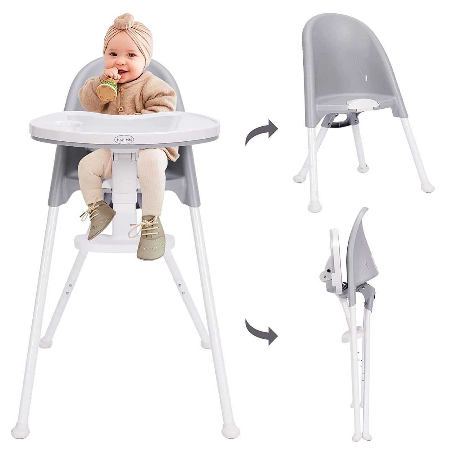 HAN-MM 3-in-1 Foldable High Chair - Space-Saving, Detachable Tray