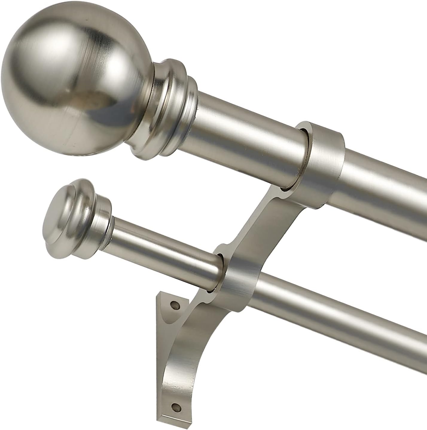 Adjustable Double Curtain Rod Set, Elegant Ball Finials, 28-48 Brushed Nickel